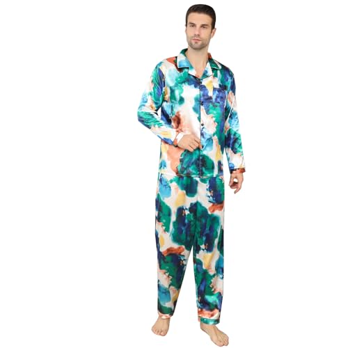 AISOMNUS-Mens Silky Satin Pj Sets black pattern Man Pajamas Set