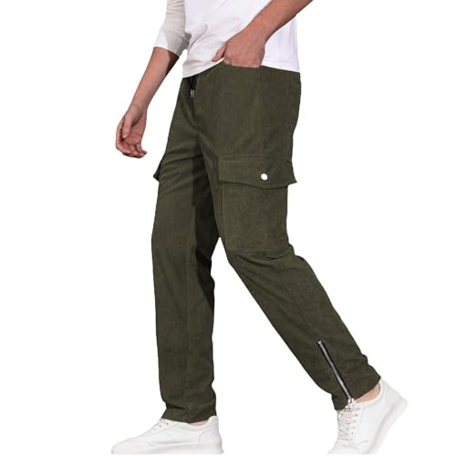 Cargo Corduroy Pants Men Pull On Elastic Waist Relaxed Fit Pants Straight Leg Casual Cargo Pants with Pockets
