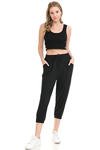 Leggings Depot JCA128-BLACK-L Womens Relaxed Fit Jogger Pants - Track Cuff Sweatpants With Pockets, Capri-Black thumb #3