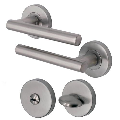 EAI Round Internal Bathroom Door Handle & Thumb Turn Set - Satin Nickel Chrome | Universal Black Door Handles for Indoor | Loo & Toilet Door Lever on Rose | Lockable Interior Handles