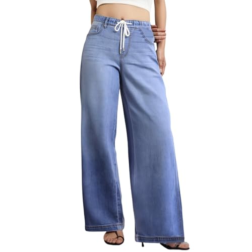 Jean jambes larges femme amincissant taille haute avec cordon de serrage souple