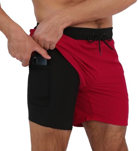 Arcweg Badehose für Herren mit Kompression Liner 2 in 1 Atmungsaktiv Badeshorts Männer Elastisch Trainingsshorts Verstellbar Tunnelzug mit Reißverschlusstaschen