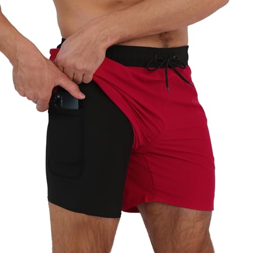 Arcweg Men's Swim Trunks Mens Swimming Shorts with Compression Liner Quick Dry Stretchy 2 in 1 Board Shorts with Zipper Pockets Black+Red 2XL(UK)