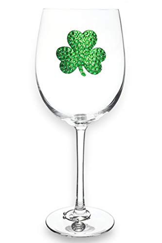 THE QUEENS' JEWELS Shamrock Jeweled Stemmed Wine Glass, 21 oz. - Unique, Birthday, Cute, Fun, St Patricks Day, Not Painted, Decorated, Bling, Bedazzled, Rhinestone