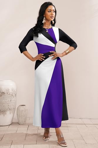 Image of Runwind Maxi Dress for Women with Ruched Waist - Semi-Formal 3 /4 Sleeve Crew Neck Long Dresses for Wedding Guest & Church