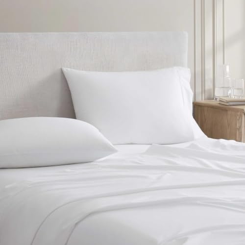 Image of Martha Stewart - Twin Size Sheets Set, Crisp & Tailored Cooling Sheets w /a Naturally Smooth Cotton Percale Lightweight Feel - Bed Sheets with Matching Pillowcase & Fitted Sheet (Skylands Solid White)