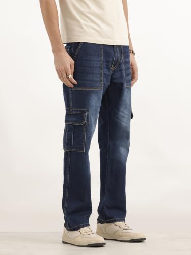 Image of WROGN Men's Cotton Stretch Cargo Jeans | Solid | Straight Fit