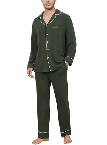 Image of Veseacky Mens Pajamas Set Long Sleeve Soft Pajamas for Men Button Down Sleepwear Pjs Lounge Sets with Pockets S-2XL