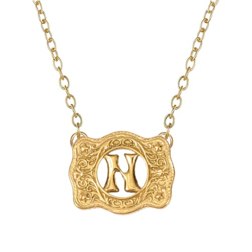 14K Gold Belt Buckle Necklace Western Style Initial Letter Pendant Necklace, Decorative Belt Buckle Frame Design