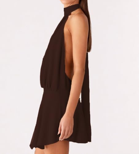 Image of Women's 2025 Summer Halter Dress Sleeveless Open Back Ruffle Tiered Layered Chiffon Pleated A Line Swing Mini Dress