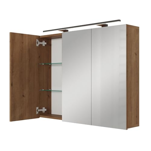 Planetmöbel ARIA Spiegelschrank Bad mit Beleuchtung 90 cm breit | Badschrank hängend mit Spiegel | Gold Eiche, mit Leuchte und Steckdose, Spiegelschrank Gäste WC 90 x 70 x 16 cm