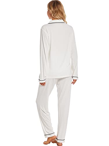 Yoolfine Button Up Pajamas For Women, Long Sleeve Sleepwear Soft Loungewear Ladies Pjs Set, White, Medium #TOP3