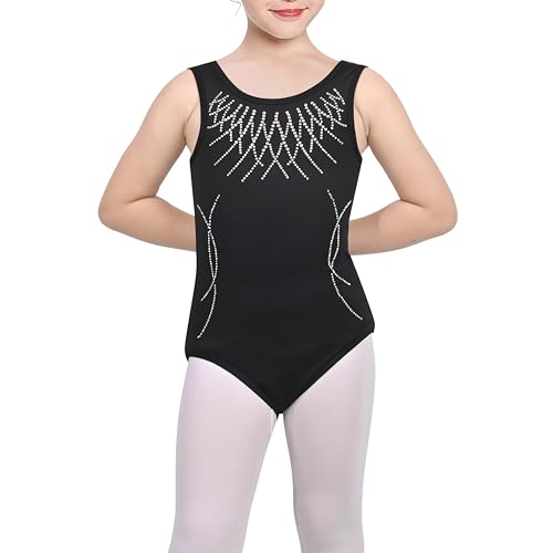 Sunny Fashion Girls Black Sparkle Rhinestone Metallic Bodysuit Leotard Ballet Yoga Gym 7-8