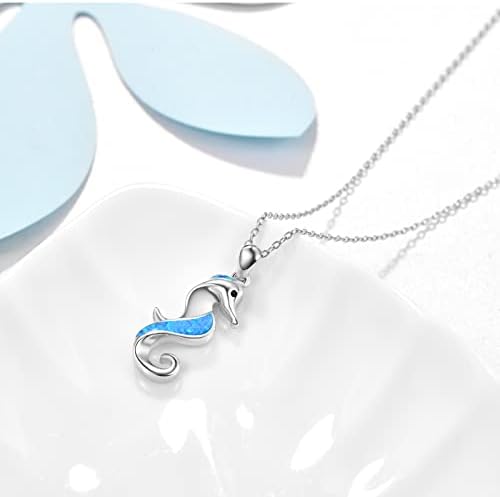 ZIPPICE Hippocampus Opal Necklace, 925 Sterling Silver Necklace,Blue Opal Necklace Pendant Necklace, Animal Hippocampus Necklace Decor with Black Cubic Zirconia , Jewelry Gift for Women Girls