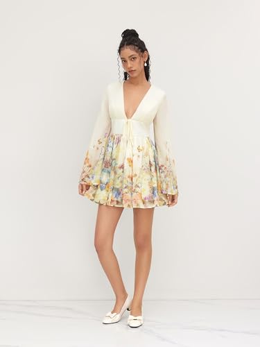 CIDER Dresses for Women Floral Print V Neck Long Sleeve High Waist Knotted Ruffle A Line Mini Dress3