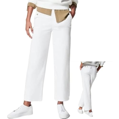 Tummy Control Twill Cropped Wide Leg Pant Plus Size Stretch Pant High Waist Casual Straight Leg with Pocket Jeans