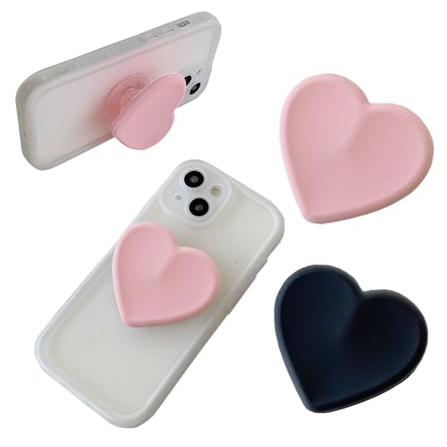 2-Pack Heart-Shaped Silicone Phone Stand & Grip, Foldable Finger Holder for Smartphones & Tablets, Cellphone Accessory - Pink & Black