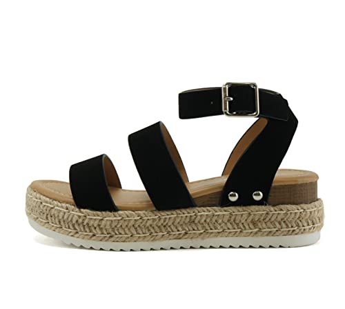Image of Soda BRYCE-2 Kids /Children /Girls Open Toe Two Bands Espadrille Jute Platform Wedge Casual Fashion Flatform Sandals with Buckle Ankle Strap