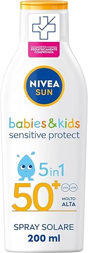NIVEA SUN Latte Solare Kids Sensitive Protect & Play FP 50+ 200 ml, Crema Solare Bambini e Neonati dai 6 Mesi in su, Crema solare 50+ Resistente all'Acqua