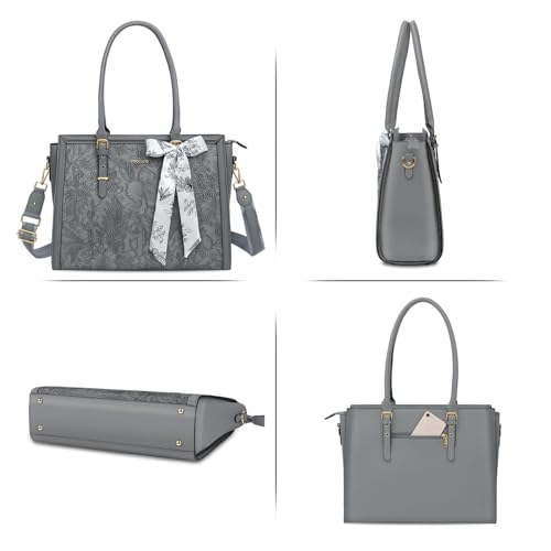 MOSISO Laptop Bag for Women, PU Leather Tote Bag, Front Embossed Retro Hibiscus Computer Bags with Silk Scarf&Clutch Purse