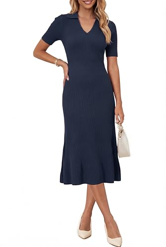 Arach&Cloz Womens Lyocell Blend Polo Clothing V Neck Knit Flowy A Line Empire Waist Spring Summer Fashion Business Casual Work Classy Short Sleeve Basic Modest Midi Dress 2026 Navy Blue M