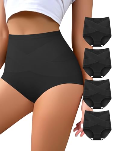 Image of QUASTI Women's High Waisted Underwear Slightly Tummy Control Cotton Panties Full Coverage Postpartum Briefs 4 Pack