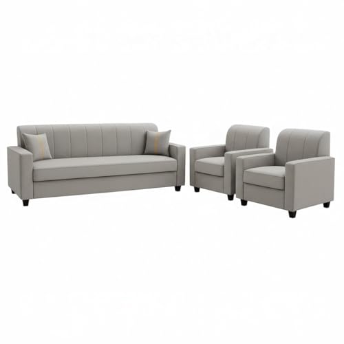 Image of FURNY Cosmos 5 Seater Fabric 3+1+1 Sofa Set (Light Grey) Premium Velvet Finish | Durable Comfort | Ideal for Living Room