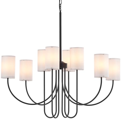 MhyTogn 32" Large Modern Black Chandelier, with Creamy-White Fabric and Arched Black Arms Shade Pendant Lighting Fixture for Dining Room Living Room Kitchen Island Bedroom 8-Light
