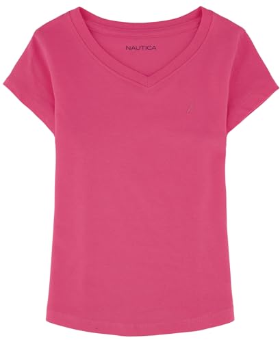 Nautica Girls' Short Sleeve V-Neck T-Shirt, Solid Cotton Blend Tee with Tagless Interior