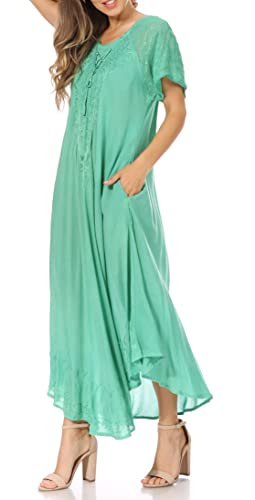 Image of Sakkas Egan Long Embroidered Caftan Dress /Cover Up with Embroidered Cap Sleeves