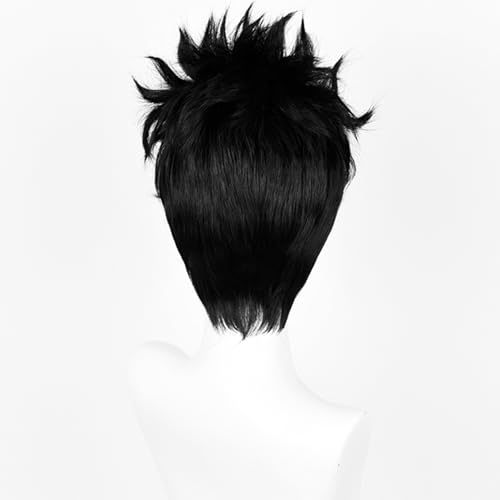 Image of Half and Half O-karun Cosplay Wig for Men Short Black Anime Male Curly Wig with Bangs Layers Black Costume Wigs for Unisex Women Halloween Party