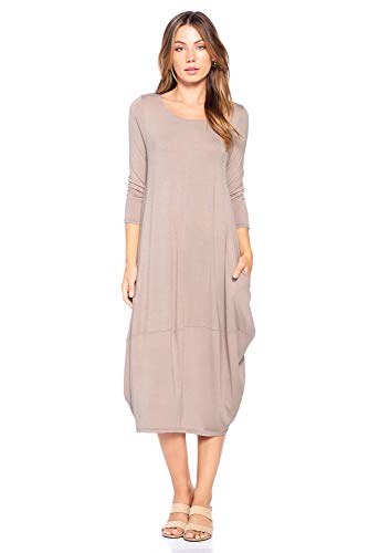 12 Ami Solid 3/4 Sleeve Bubble Hem Pocket Midi Dress (S-3X) - Made in USA