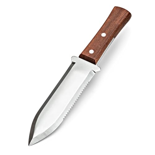 Kings County Tools Hori Hori Garden Knife with 7.4” Stainless-Steel Double-Edged Serrated, Straight Edge Blades, Tropical Redwood Handle- Digging Pruning or Weeding Knife for Gardening Tools