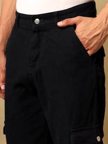 Image of KOTTY Mens Solid|Mid Rise| Utility Pocket|Button|Ankle Length Cargo Jeans
