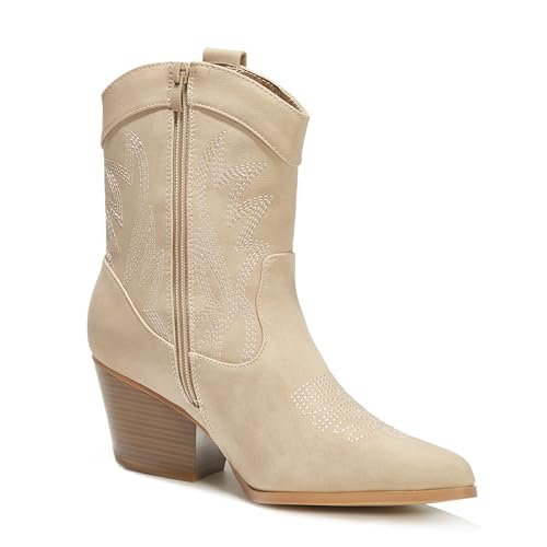 Western Cowgirl Cowboy Ankle Boots for Women or Ladies, Mid Calf, Vegan Leather Embroidered Upper, Low Heel, Fashionable Pointed-toe, Well Made2