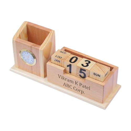 Image of EpicLane Customizable Wooden Pen Holder with Clock, Visiting Card Holder & Mobile Stand | Personalized Name Engraving Desk Organizer (Infinity)