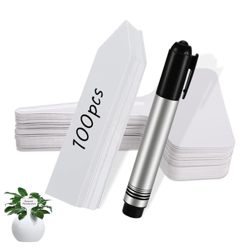 Pflanzenstecker zum Beschriften, 100 Stück Pflanzenschilder mit 1 Filzstift, Wetterfest Plastik Schilder zum Beschriften, Pflanzenstecker für Gemüse, Kräuter, Blumen (Weiß)