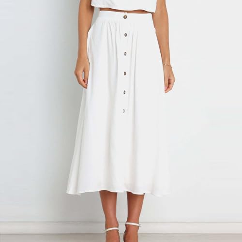 Womens Casual Front Button Skirts 2025 Summer Outfit Flowy Beach Skirts for Women Elastic High Waisted Midi Skirt4