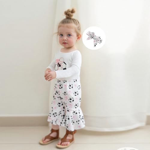 Newborn Baby Girl Soccer Outfit Soccer Bow Short Sleeve Bubble Romper Bell Bottom Pants Headband Set Summer Clothes2