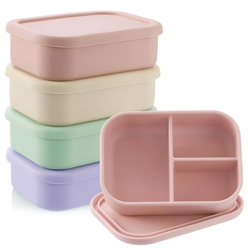 Image of Layhit 4 Pcs Silicone Bento Box for Adults, 27 oz Bento Lunch Container Reusable Food Container for Women Men, Leak Proof Microwave Dishwasher Freezer Safe (3 Compartments,Desaturated Colors)