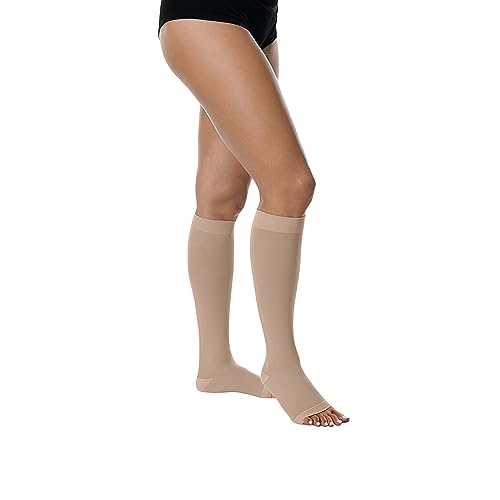 Image of Juzo Basic 20-30 mmHg Compression Stockings, Knee High, Open Toe | Compression Socks for Women / Men for Moderate Varicosities & Edema, Post-Sclerotherapy, Post-Op