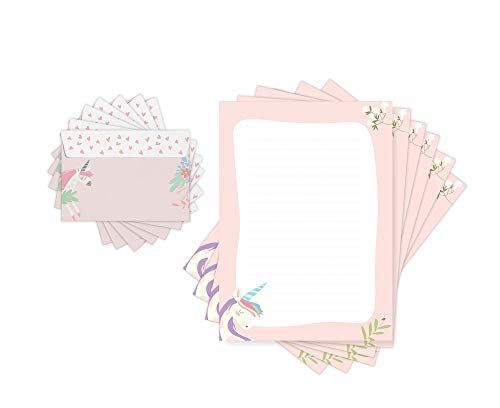 Friendly Fox - Papel de carta infantil UNICORNIO con líneas, 20 hojas con sobre, para niños y niñas