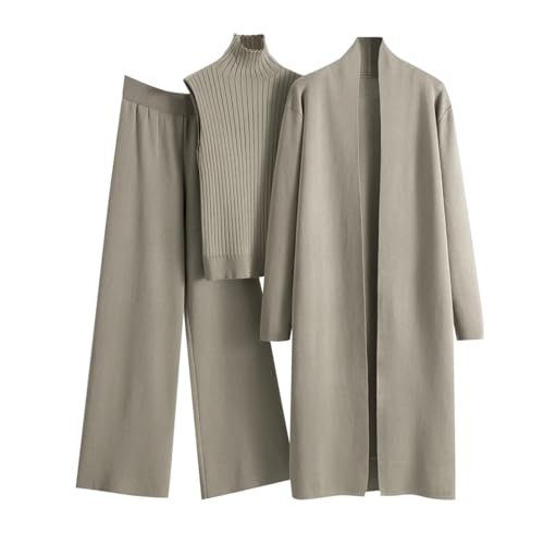 Womens 3 Piece Knit Lounge Set Long Sleeve Cardigan Sleeveless Turtleneck Tank Top and Wide Leg Pants Matching (Camel one size)
