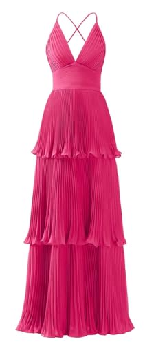 Tiered Chiffon Bridesmaid Dresses for Women Ruffles A-line V-Neck Long Formal Evening Gowns