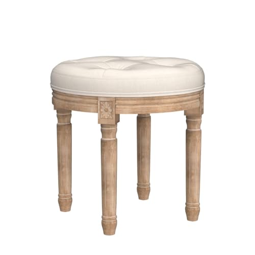 Vonluce-Vintage-Round-Brushed-Wood-Stool-with-Diamond-Tufting-18-Inch-Beige Vonluce Vintage Round Brushed Wood Stool with Diamond Tufting 18 Inch Beige
