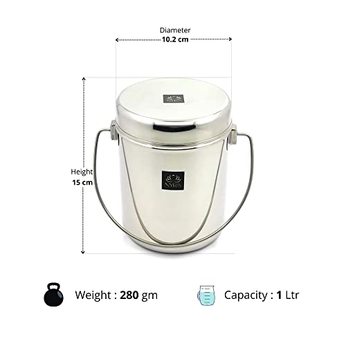 Image of Nyra Stainless Steel Milk Pot /Milk can /Milk Barni /Oil can (with lid and Handle) deep Dabba /Storage Container, Flat Bottom dolu for ghee, Oil, Curd, Grains, pulses /dolchi for Milk - Capacity 1 Litre