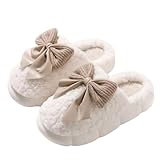 FRZTOUR Plush Cute Bow Slippers for Women – Furry Comfy Indoor Outdoor Non-Slip House Slippers (white, Adult, Women, 7.5, Numeric Range, US Footwear Size System, 8.5, Medium)