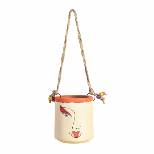 Image of AAKRITI ART CREATIONS Terracotta Hanging Planter | Handcrafted Artistic Face Design with Rope, Modern Art, White Matte Finish | Decorative Hanging Pot for Indoor & Outdoor Home Decor