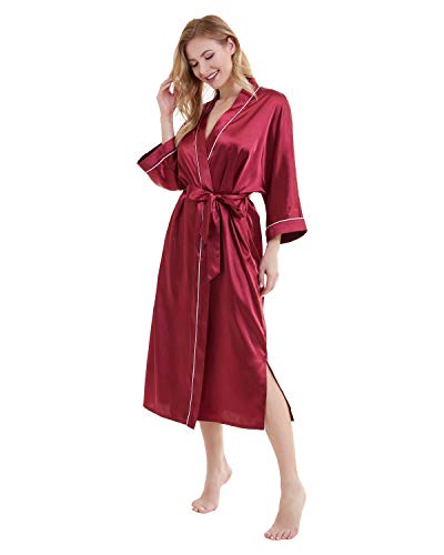 DIASHINY Women Satin Robe Long Pure Kimono Bath Robes 3/4 Sleeve Silky Bridesmaid Bathrobe Red XL