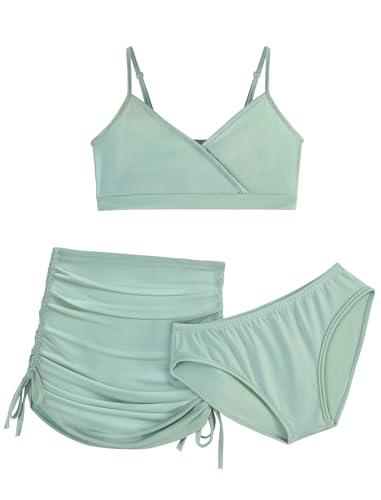 Image of EXARUS Girls Bathing Suits 3 Piece Swimsuits Bikini Sets with Cover Up Mid Rise Ruched Swimwear Beach Pool 8-14Y